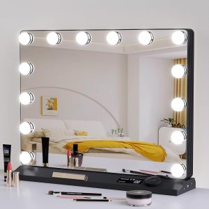 Hollywood Espejo de maquillaje con luces de 20 x 16 pulgadas, 14 bombillas LED, 3 modos de color, control de perilla, puerto de carga USB, marco de Hollywood Espejo de maquillaje con luces de 20 x 16 pulgadas, 14 bombillas LED, 3 modos de color, control de perilla, puerto de carga USB, marco de