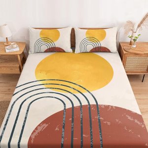 Juego de sábanas bajeras para cama de tamaño Queen, sábanas de mediados de siglo, 3 piezas, color terracota, con líneas curvas, arco solar, bolsillo Juego de sábanas bajeras para cama de tamaño Queen, sábanas de mediados de siglo, 3 piezas, color terracota, con líneas curvas, arco solar, bolsillo