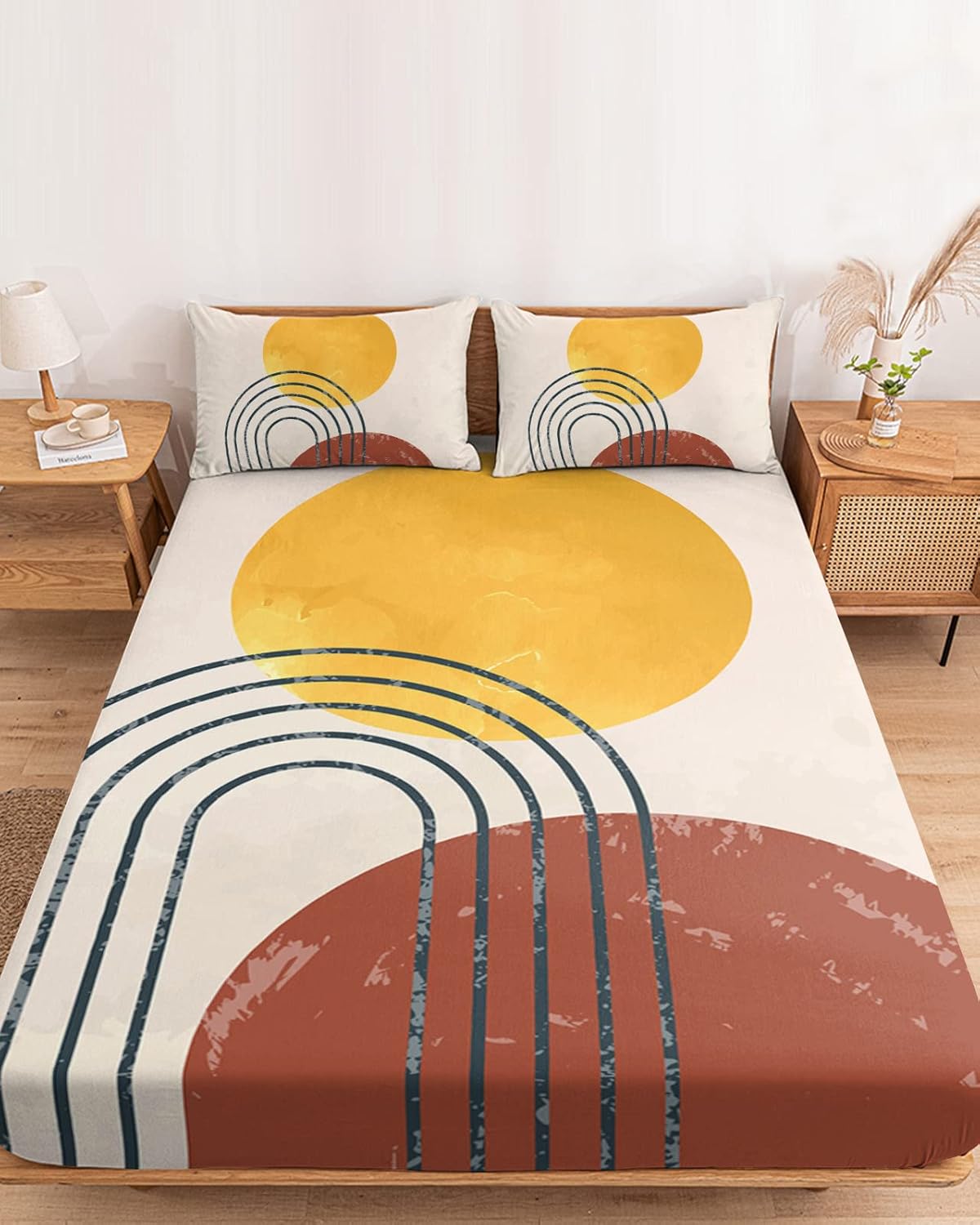 Juego de sábanas bajeras para cama de tamaño Queen, sábanas de mediados de siglo, 3 piezas, color terracota, con líneas curvas, arco solar, bolsillo