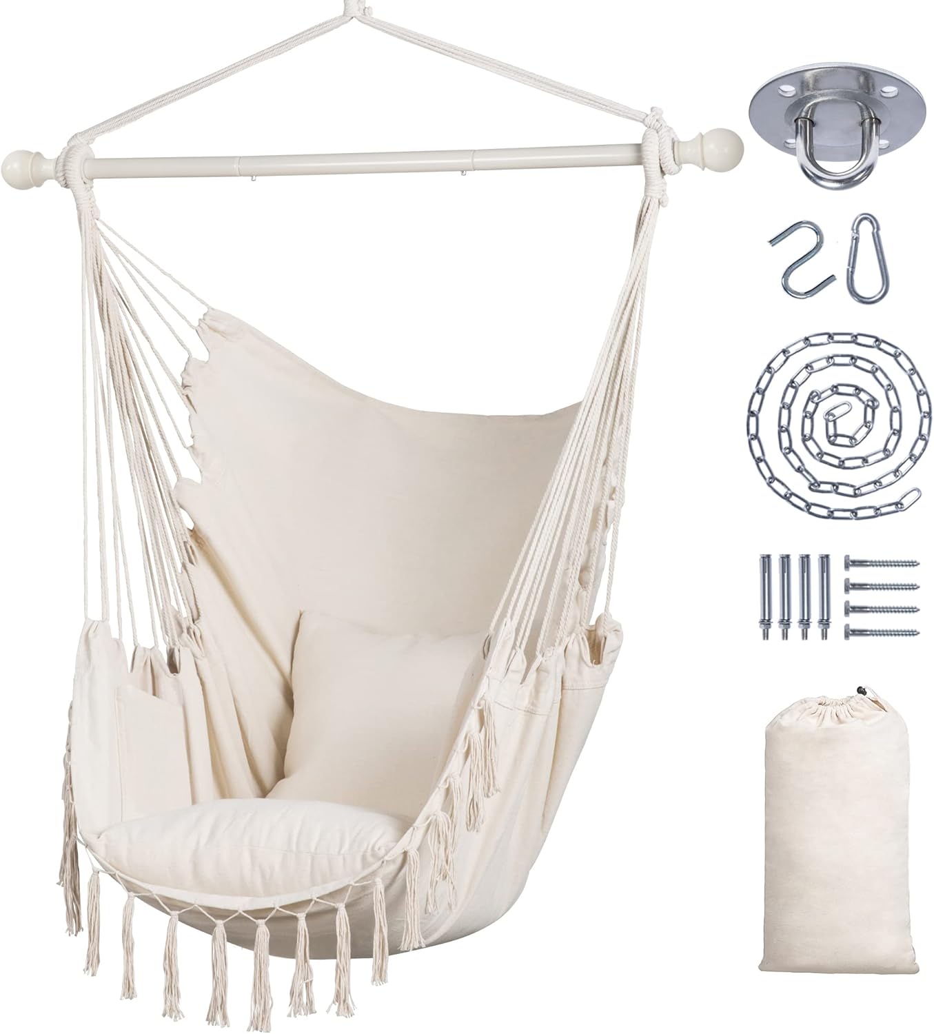 SUNCREAT – Silla de hamaca para colgar con cuerda, capacidad máxima de 450 libras, columpio colgante de macramé extragrande con bolsillo lateral,