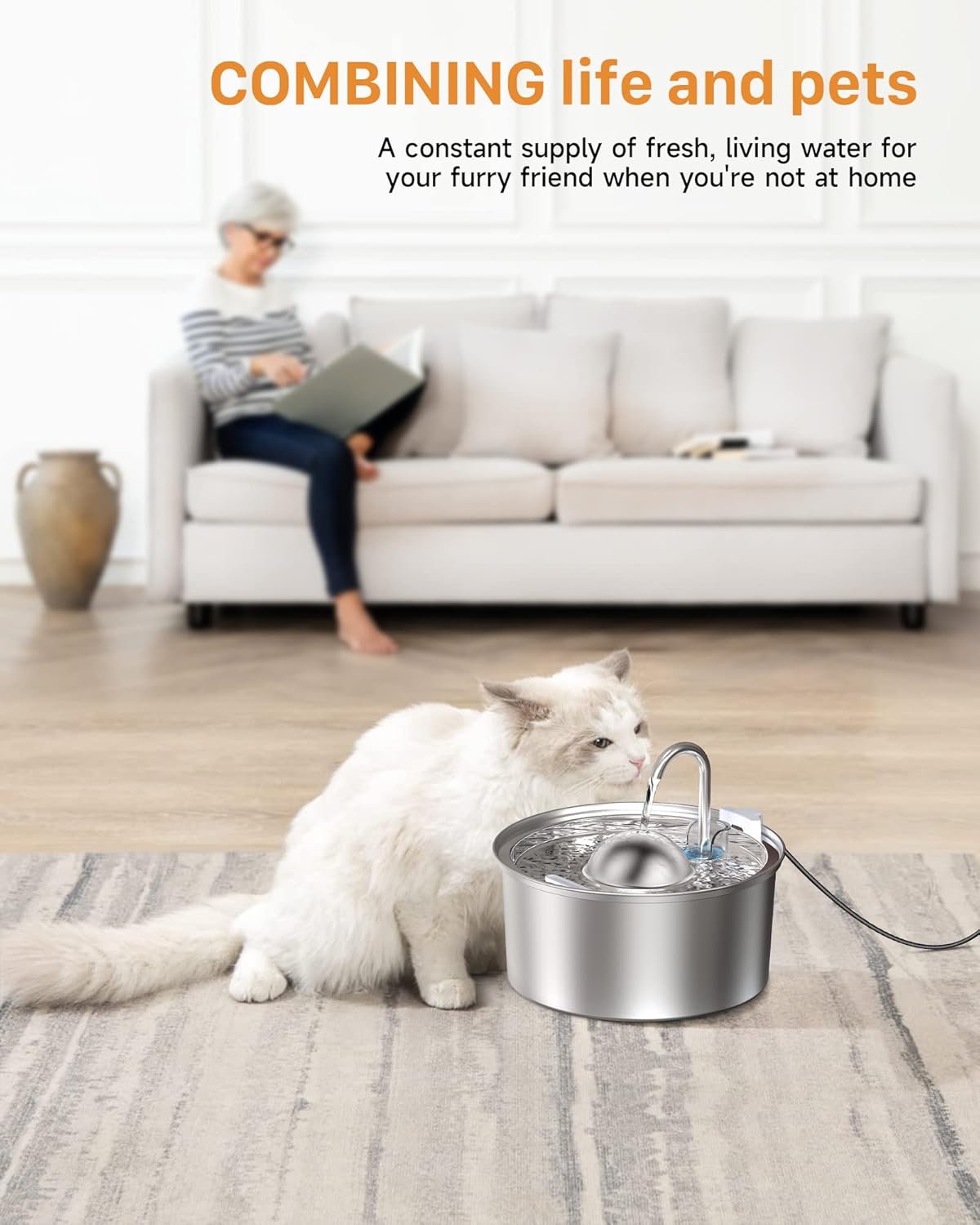 IHOUONE Fuente de agua para gatos fuente de agua de 108 oz3.2L para gatos en el interior, fuente de agua para gatos de acero inoxidable, súper