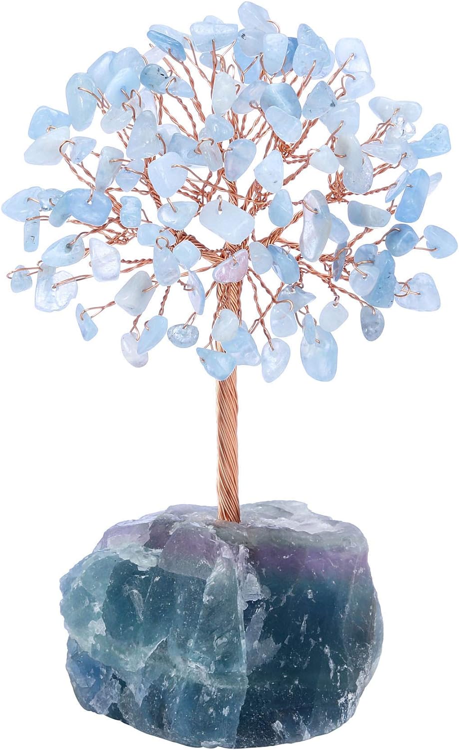 Jovivi Árbol de cristal de aguamarina natural, cristales curativos crudos, base de fluorita, árbol de dinero bonsái para decoración de mesa de