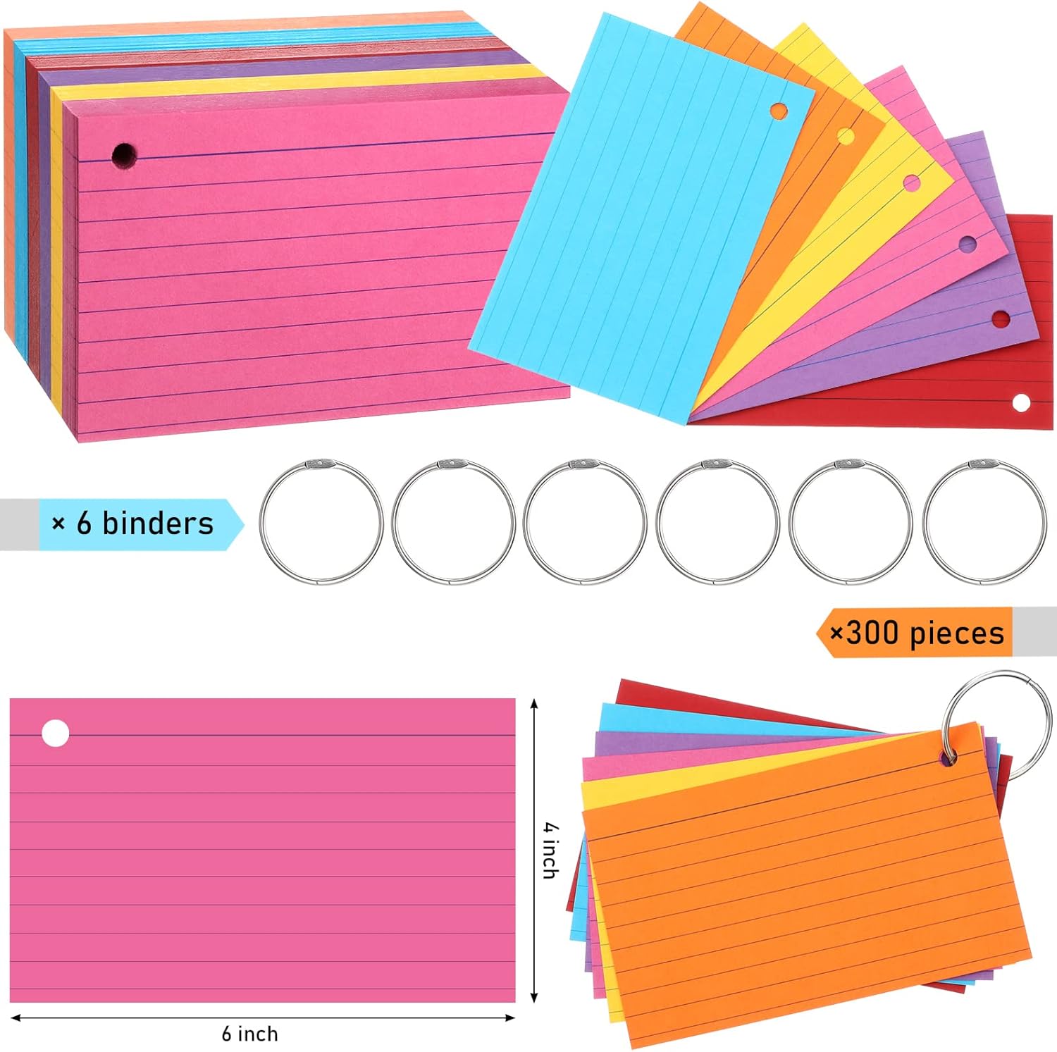 Epakh 300 tarjetas de índice de 180 GSM de grosor con anillos, tarjetas de índice perforadas, tarjetas de índice en un anillo para estudiar tarjetas
