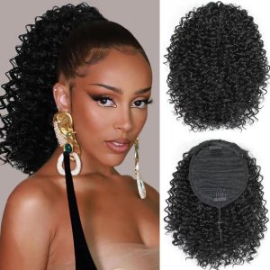 UNIFAB Cola de caballo rizada con cordón para mujeres negras, afro, rizado, aspecto natural, extensiones de cabello sintético con clip para mujeres UNIFAB Cola de caballo rizada con cordón para mujeres negras, afro, rizado, aspecto natural, extensiones de cabello sintético con clip para mujeres