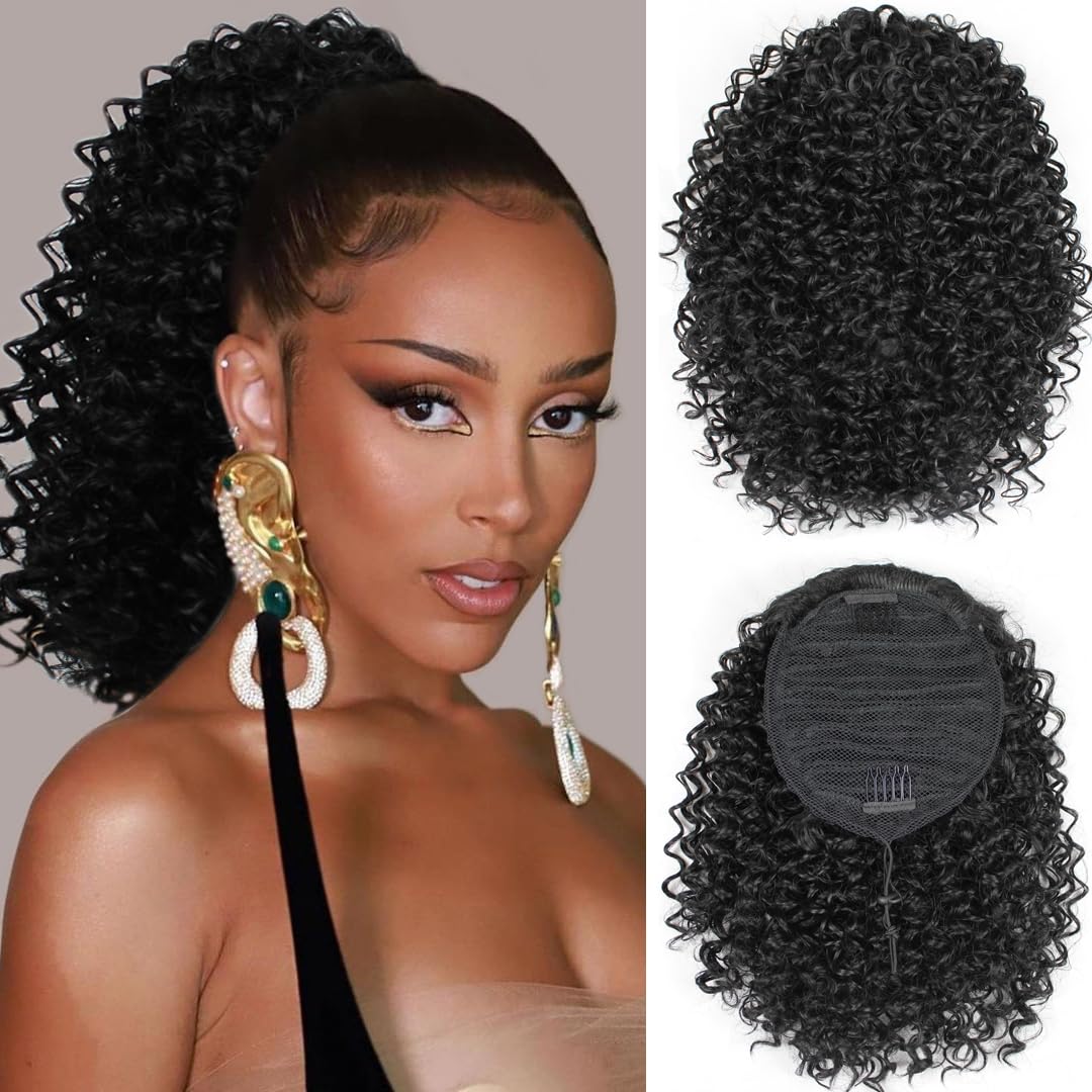 UNIFAB Cola de caballo rizada con cordón para mujeres negras, afro, rizado, aspecto natural, extensiones de cabello sintético con clip para mujeres
