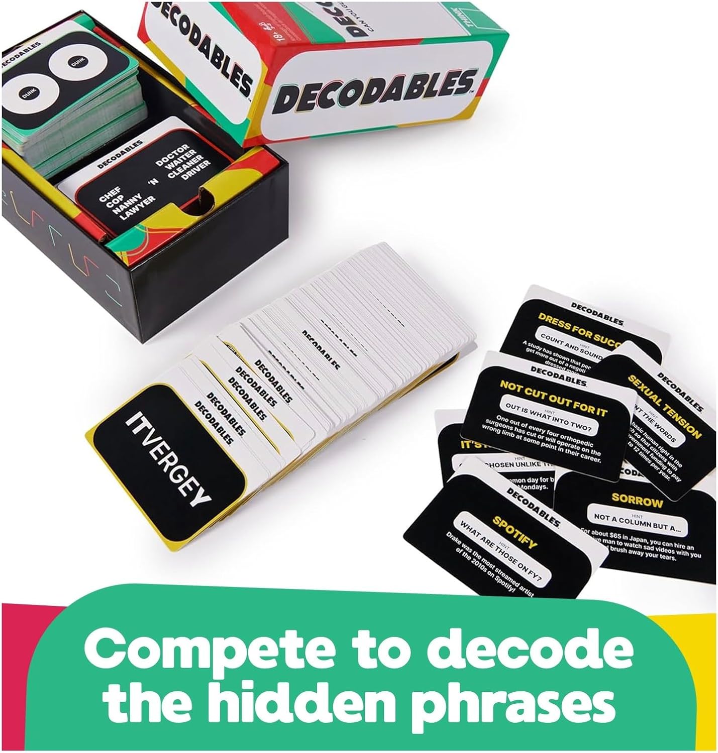 Spin Master Games Decodables – un juego de fiesta histérico para adultos, juego de cartas de frases ocultas para despedidas de soltera, universidad,