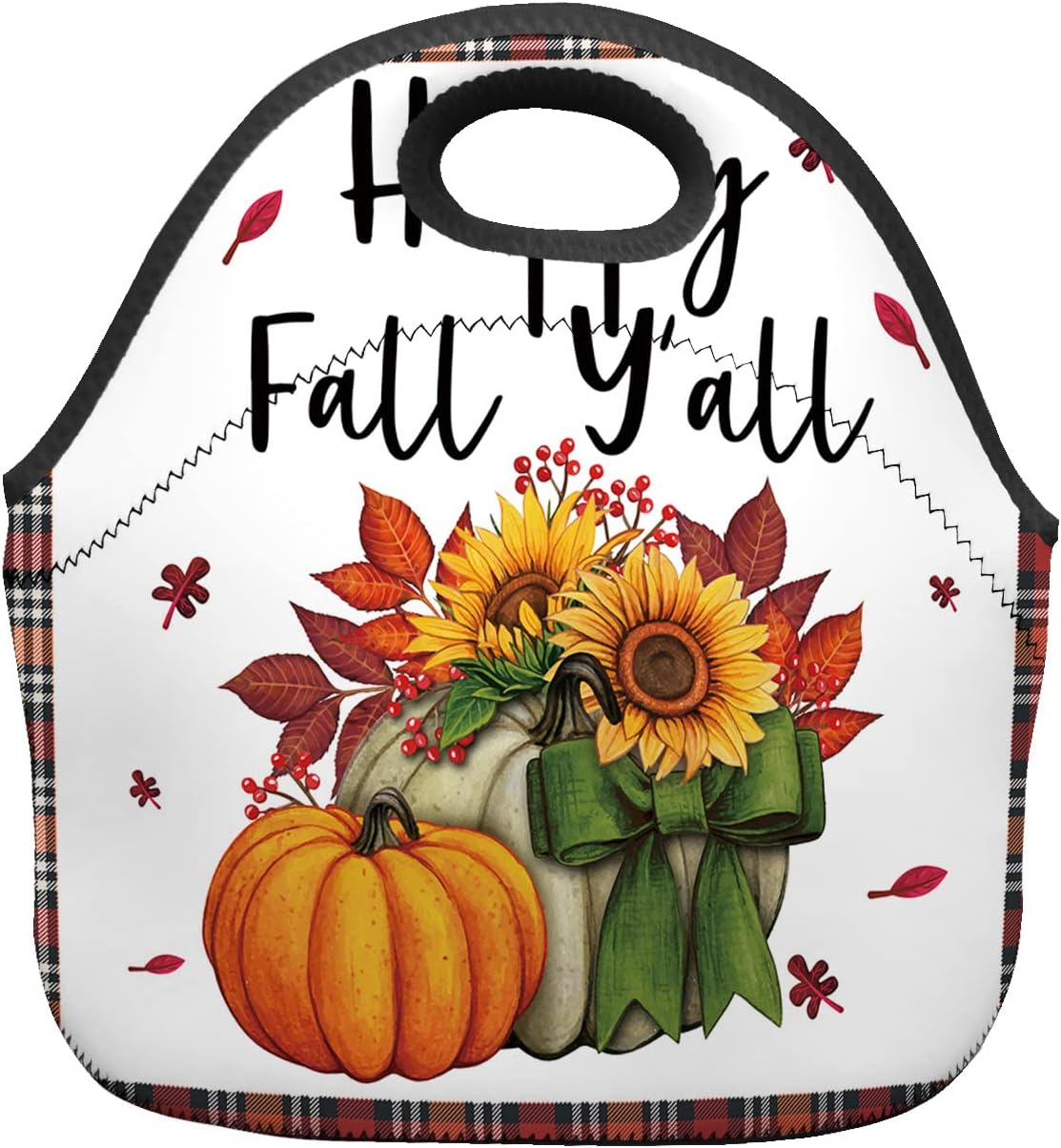 Reusable Neoprene Lunch Bag, Happy Fall Y’all Sunflowers Pumpkin Buffalo Plaid Soft Thermal Meal Tote, Lightweight Washable Insulated Lunch Pouch