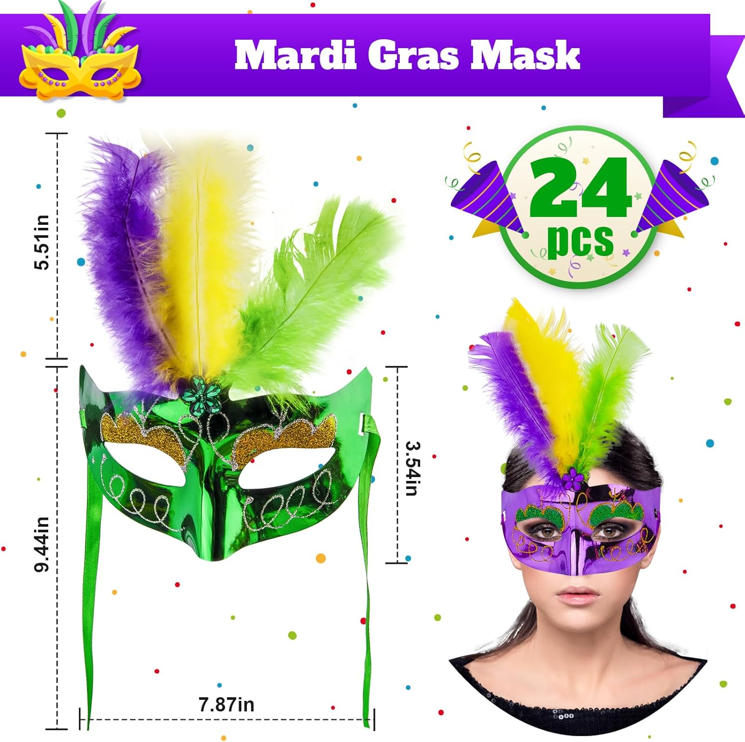 24 máscaras de Mardi Gras con plumas, máscaras para mujeres y hombres, accesorios de disfraz de Mardi Gras, suministros de recuerdos de fiesta de