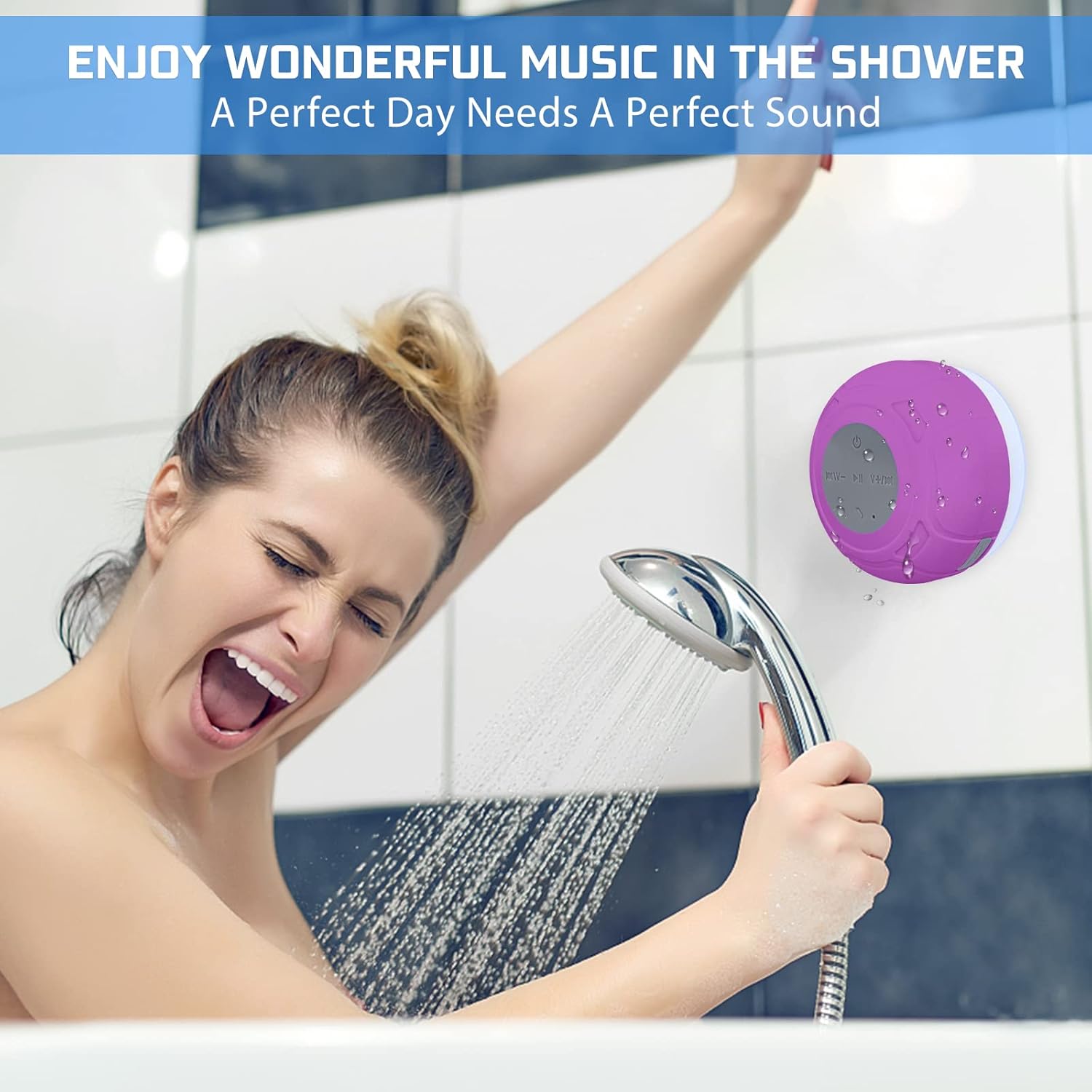 Altavoz de ducha Bluetooth, impermeable, portátil, inalámbrico, resistente al agua, ventosa, micrófono integrado para teléfono, tableta, baño,