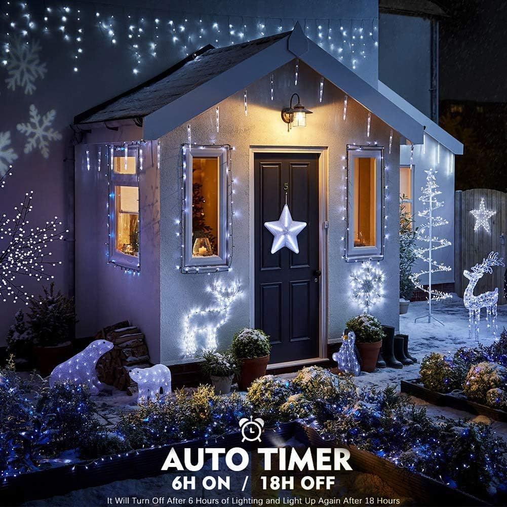 Luces de cortina de hadas para jardín, luces de carámbano, 102 LED con batería para exteriores, con mando a distancia y temporizador, cable verde
