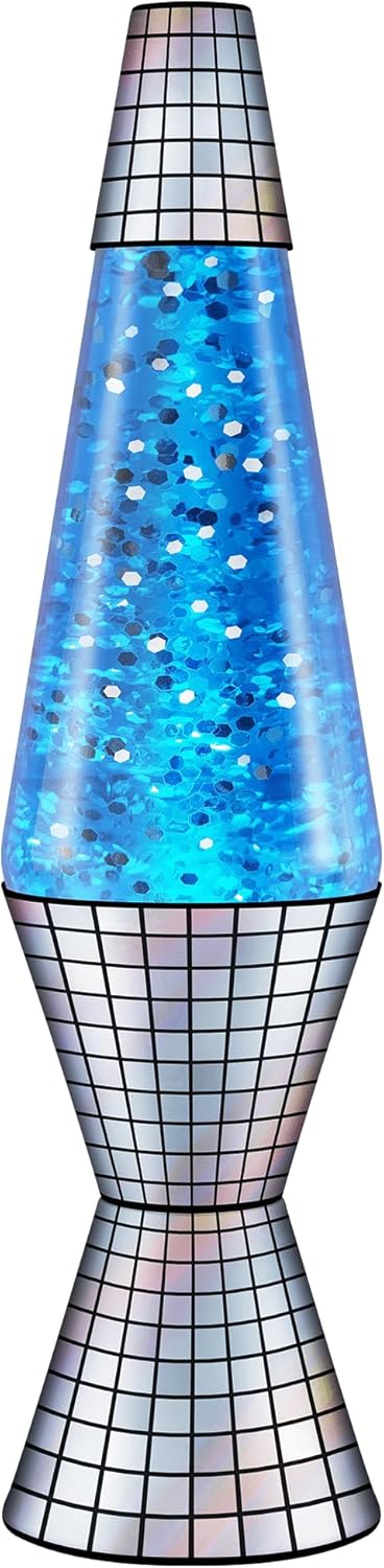 Lava Lámpara  Base Reflectante de Fiebre Disco de 14.5”  La Luz de Movimiento Original  Brillo Plateado y Líquido Azul  Artículo 2016
