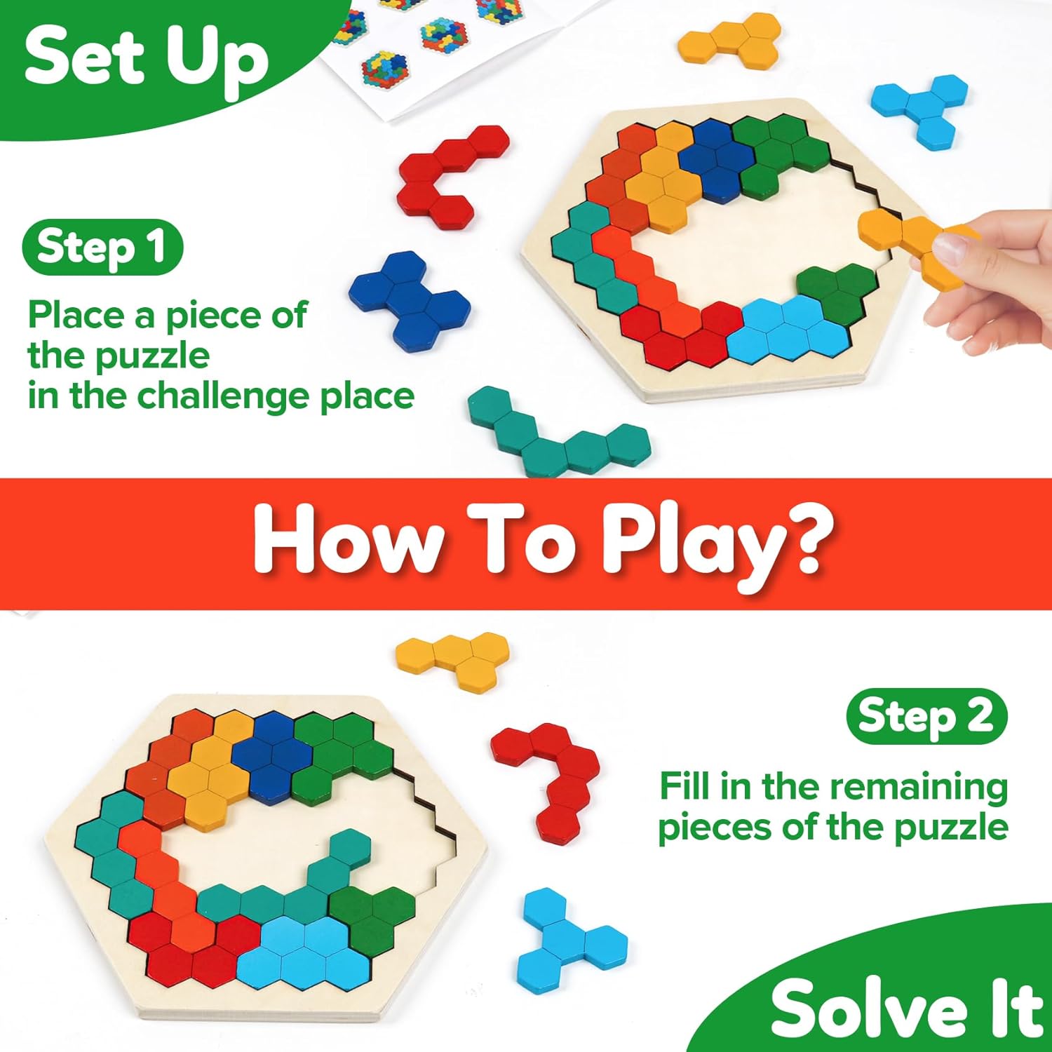 Paquete de 3 rompecabezas de bloques de madera + rompecabezas Tangram + rompecabezas hexagonales, desafío para niños y adultos de todas las edades,