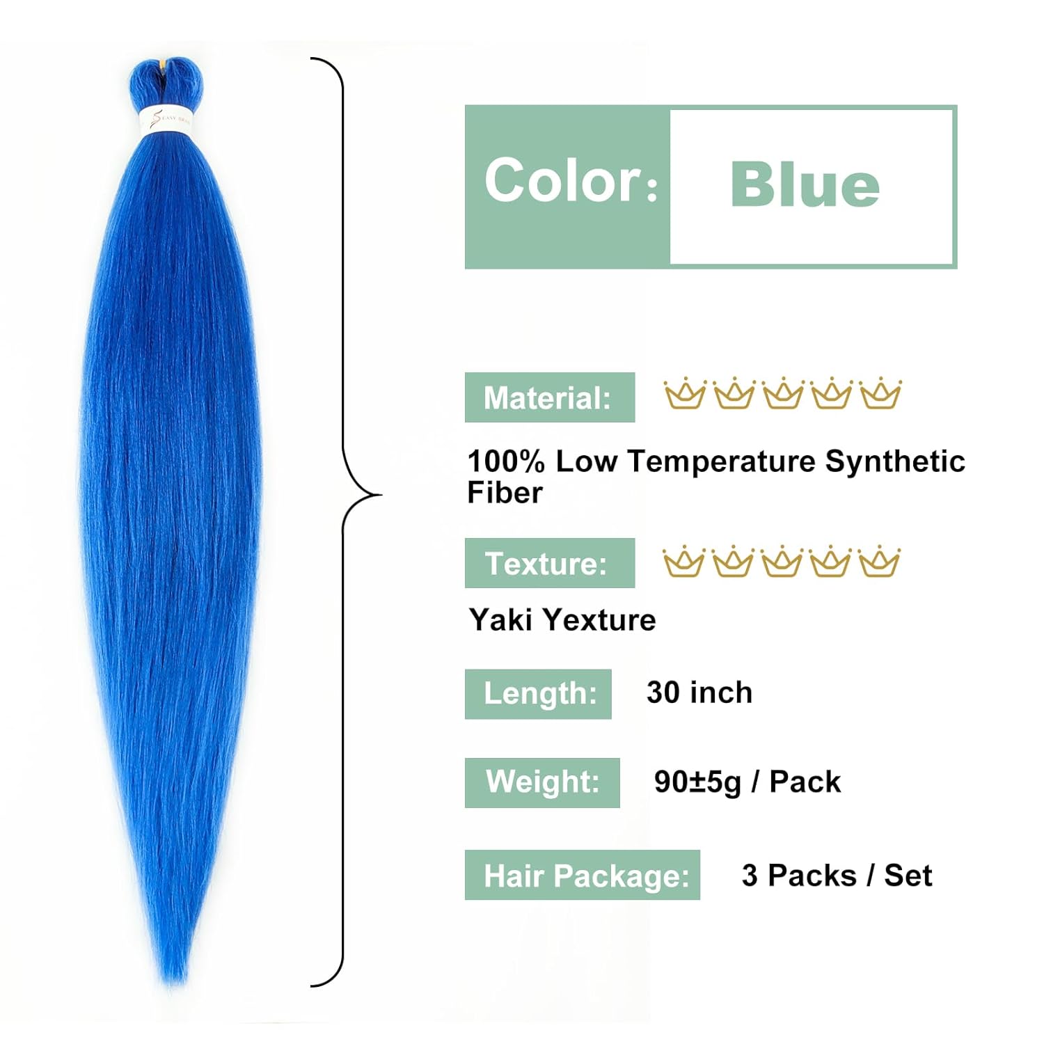 Kanekalon – Cabello trenzado azul preestirado de 30 pulgadas, 3 paquetes de cabello trenzado preestirado EZ, textura Yaki, extensiones de cabello