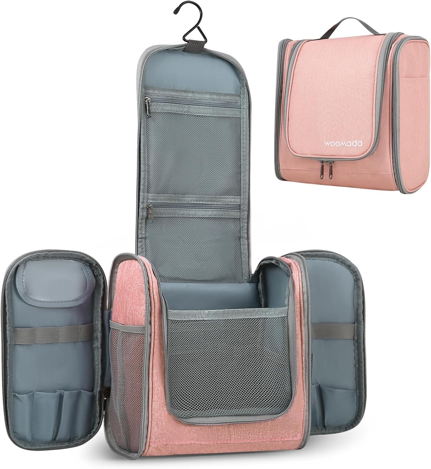 WOOMADA Neceser de aseo para mujer, resistente al agua, bolsa de maquillaje con gancho colgante de metal, 7 compartimentos organizadores, bolsa