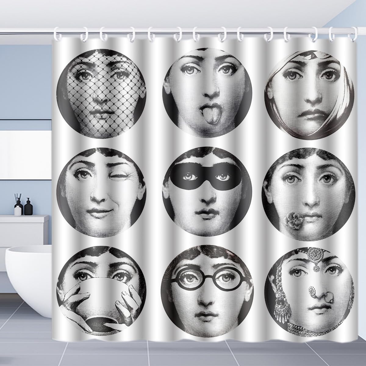 Cortina de ducha decorativa de tela impermeable de 72 x 72 pulgadas, diseño de Piero Fornasetti de Italia Piero Fornasetti con 12 ojales y ganchos