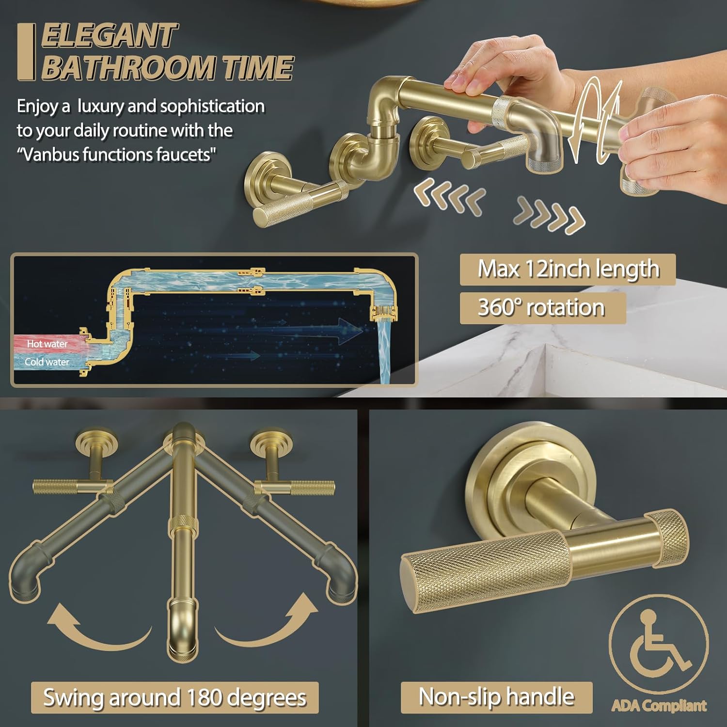 Grifo de lavabo de baño montado en la pared, extensible y giratorio, grifo de pared dorado de 3 agujeros para granja, cámper, lavandería, UTV Rv,