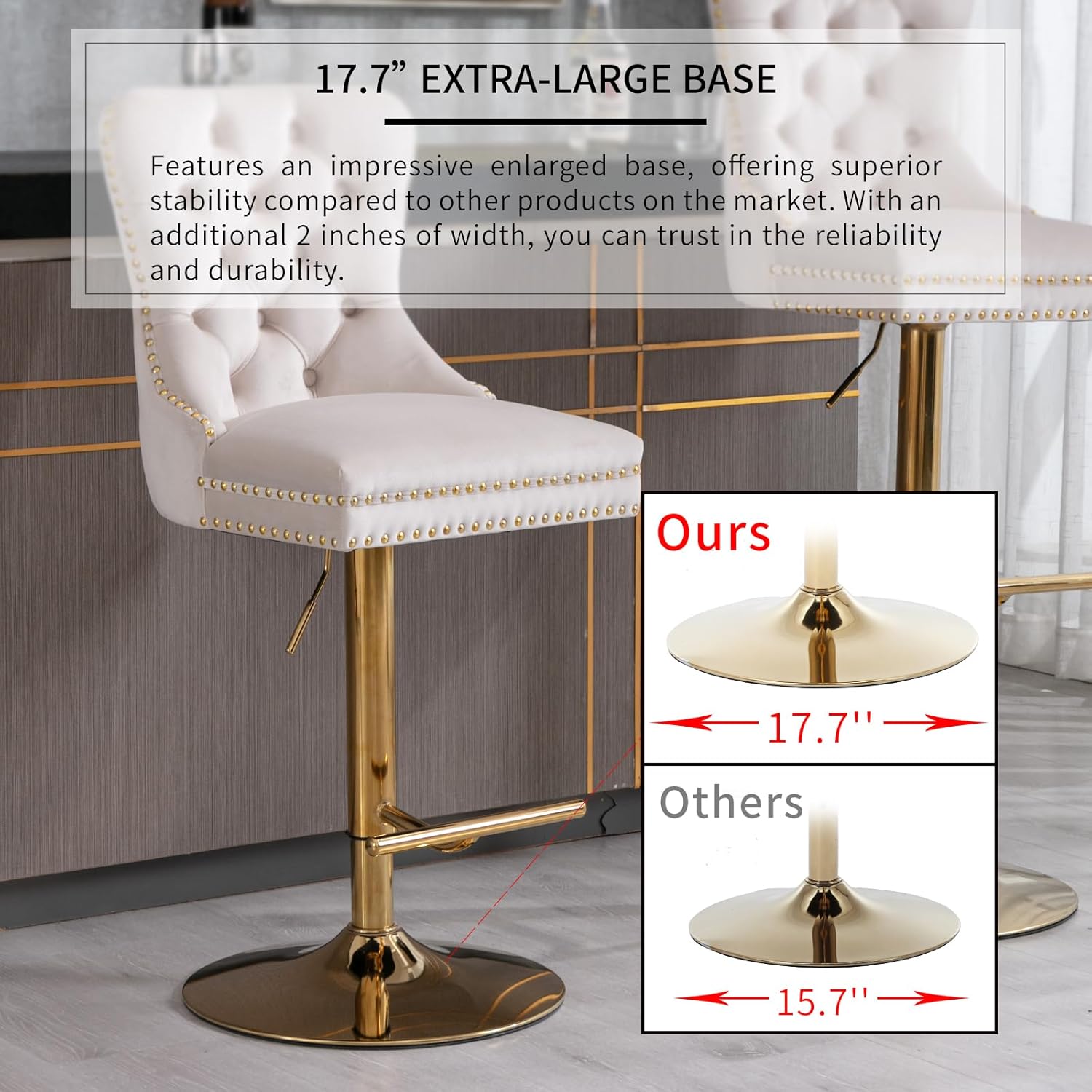 ODUSE-DAILY Juego de 2 taburetes de bar giratorios de terciopelo beige con respaldo tapizado, taburetes de bar ajustables en altura de mostrador,