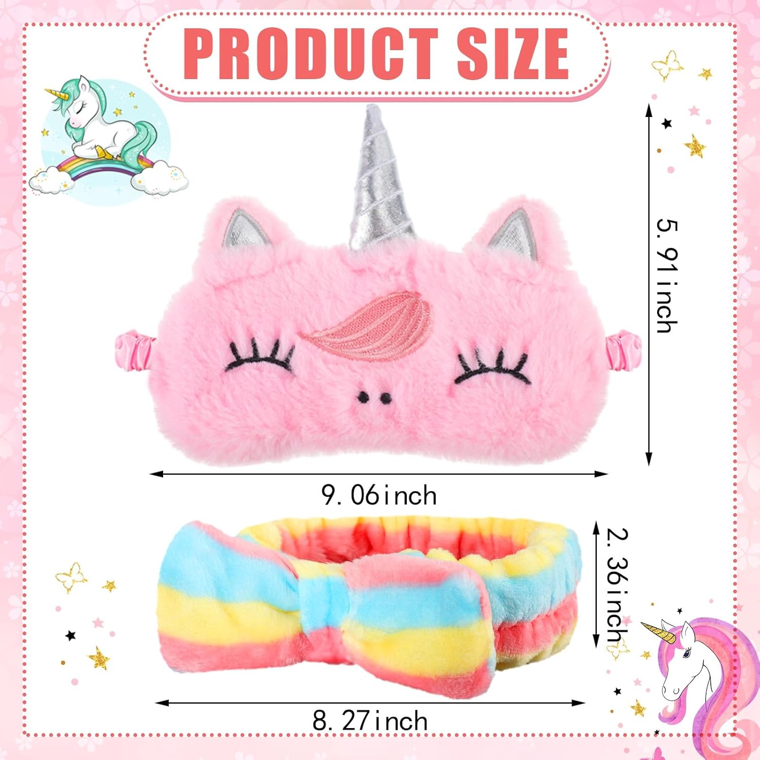 24 piezas de pijamas incluyen 12 máscaras de ojos de unicornio y 12 diademas para el pelo con pajarita para lavar la cara, máscara de dormir,