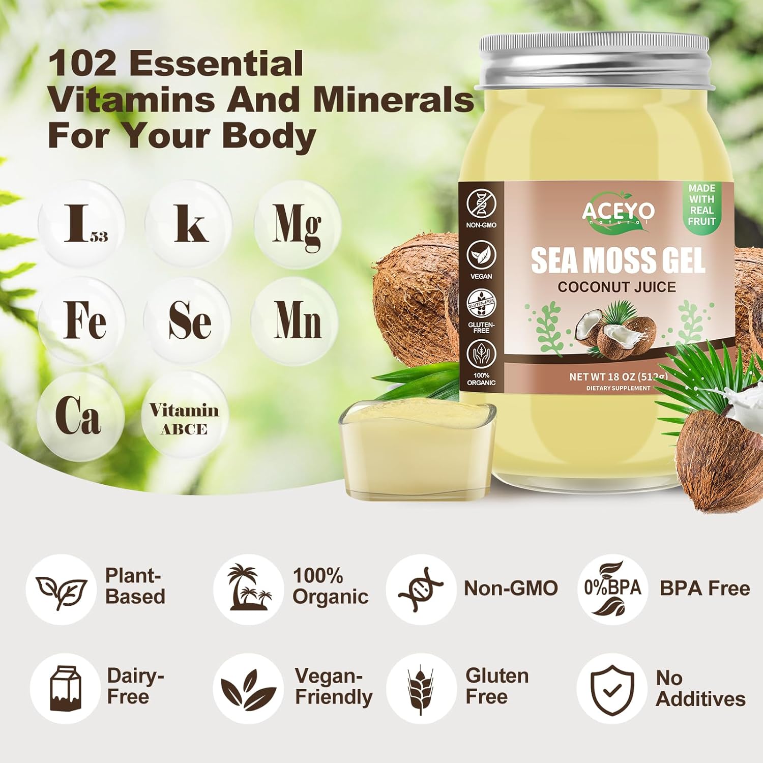 Gel de musgo marino saborizado Irish Seamoss Gel orgánico crudo vegano coco 102 vitaminas y minerales cosechados en la naturaleza sin OMG inmune