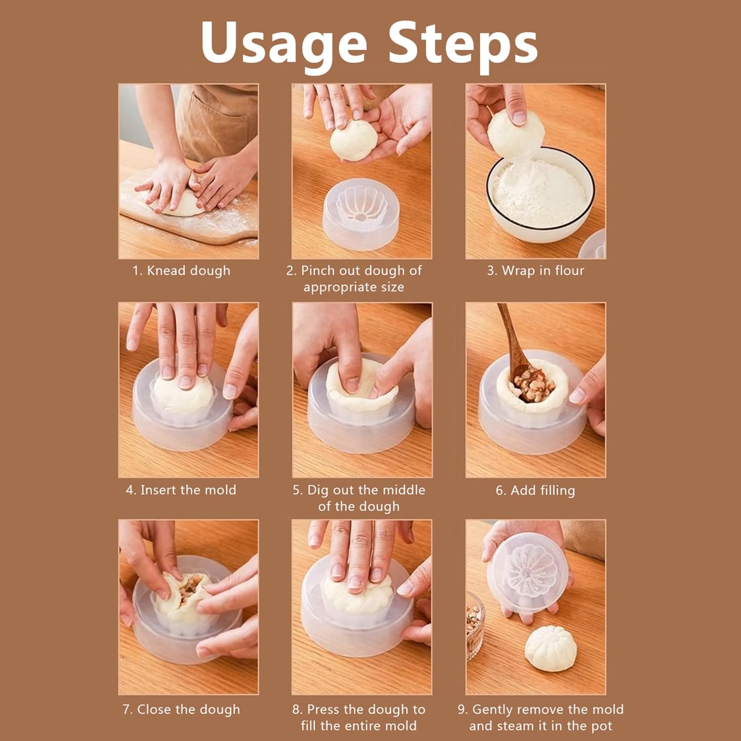10 piezas de Baozi hechas a mano, estilo chino, antiadherente, relleno al vapor, molde para hacer bollos hechos a mano para hacer bollos para el