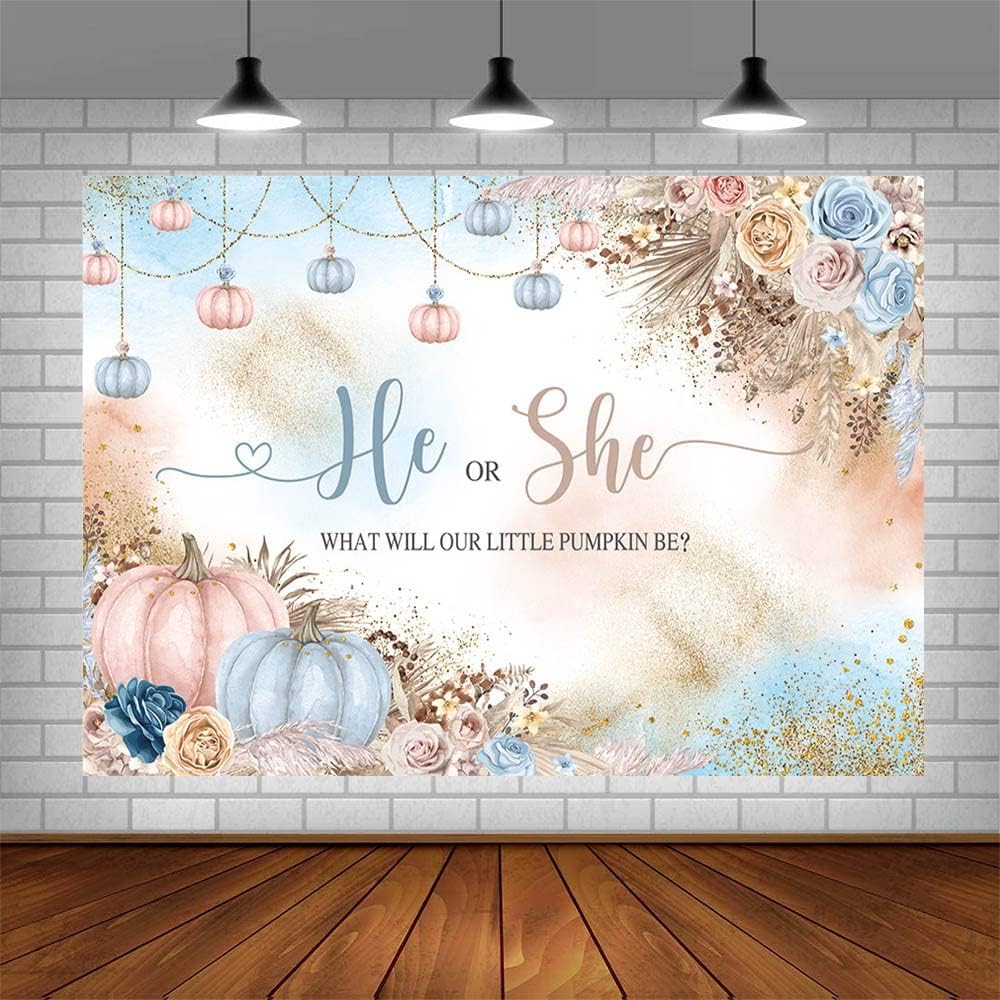 Telón de fondo de revelación de género de 7 x 5 pies con texto en inglés “He or She What Will Our Little Pumpkin Be Background”, color rosa y azul,