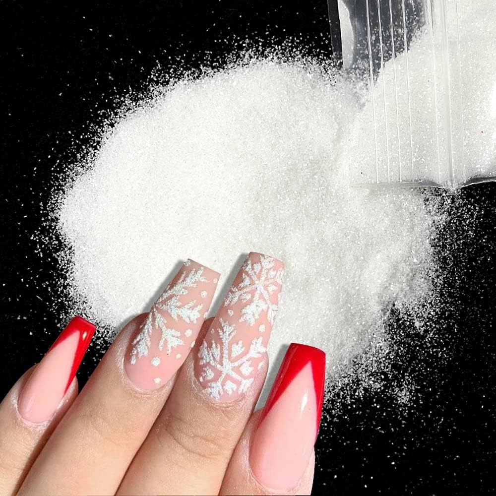 Polvo de purpurina para uñas de azúcar blanco superfino para diseño de uñas de copo de nieve de Navidad, efecto brillante de azúcar, copos de