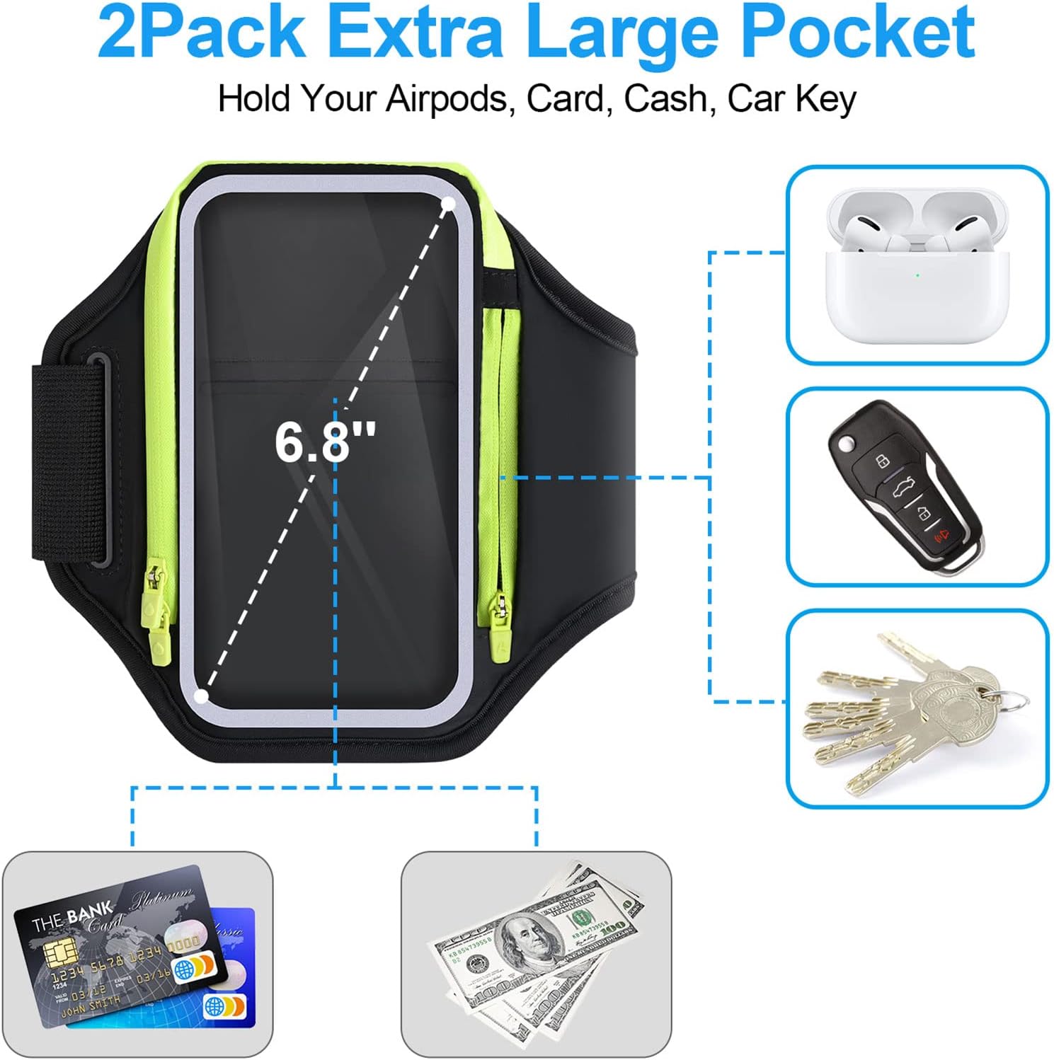 Banda de brazo de 6.8 pulgadas para teléfono para correr con bolsa para auriculares, funda para iPhone 14, 13, 12, 11 Pro Max, Galaxy S23 S22, ultra