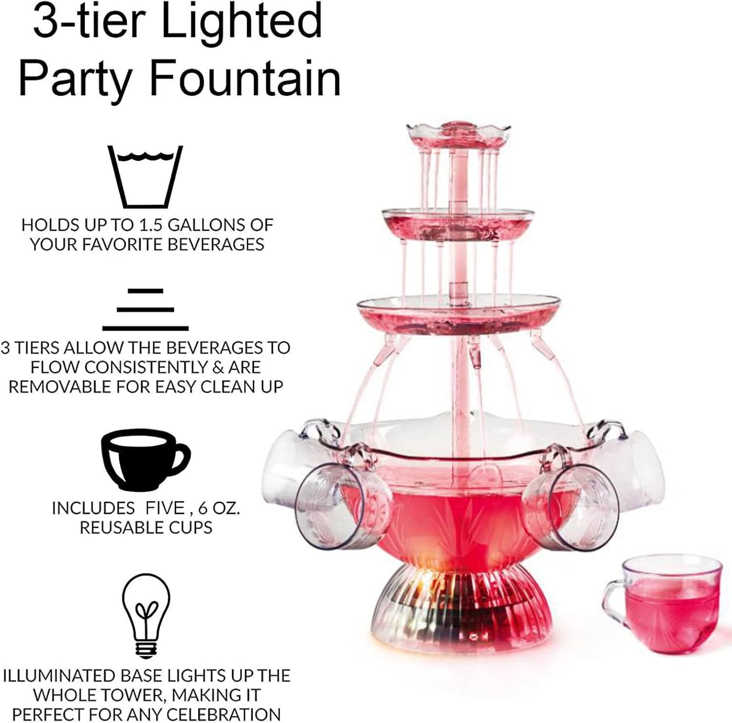 Fuente de fiesta de 3 niveles, fuente de bebida LED de plástico con 5 tazas, para juegos de beberbaruso en casa