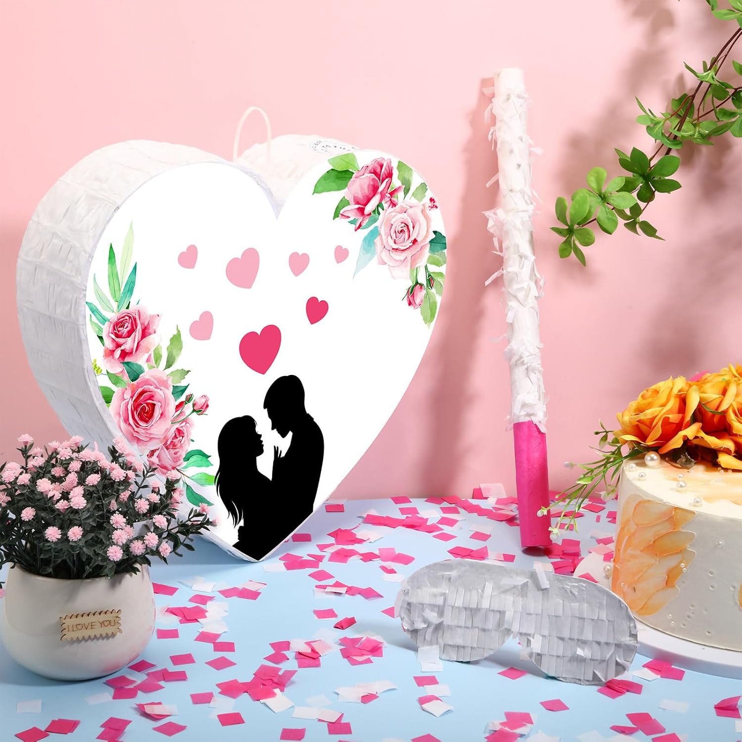 Hicarer Piñata blanca, corazón, piñata de boda, corazón, suministros de fiesta blanca, recuerdos de boda, decoración de piñata con palo y venda para
