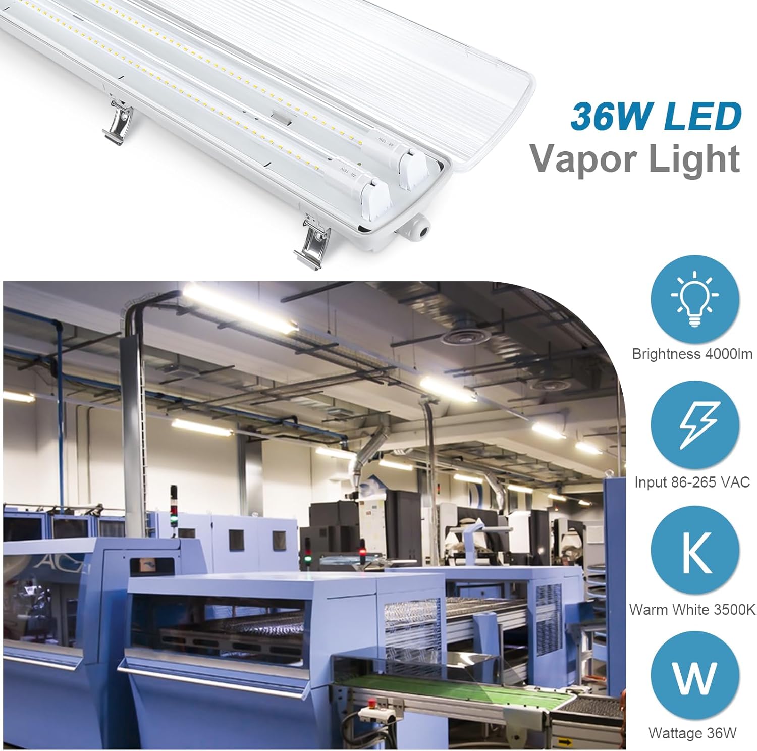 BRILLIHOOD Lámpara LED a prueba de vapor de 4 pies, 36 vatios, 4000 lm, 3500 K (blanco cálido), cubierta transparente, IP65 impermeable de 4 pies de