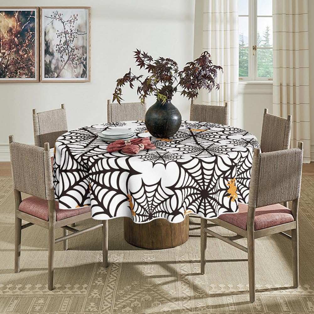 Horaldaily Mantel redondo de Halloween de 70 x 70 pulgadas, diseño de telaraña, diseño de telaraña, temática aterradora, color blanco y negro, para