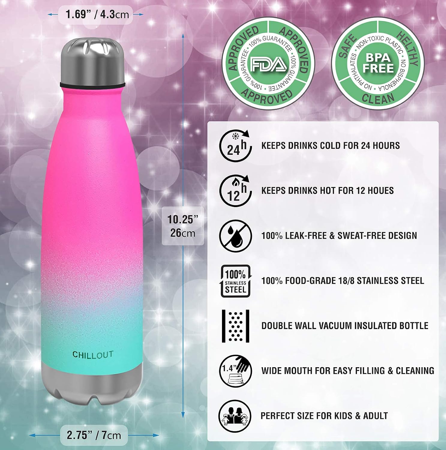 CHILLOUT LIFE – Botella de agua infantil. de acero inoxidable para la escuela, con aislamiento de doble pared, en forma de botella de refresco,
