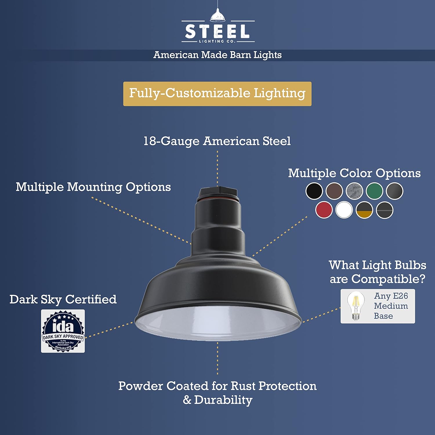 Steel Lighting Co. Inglewood – Lámpara de granero  Lámpara montada en el techo  Cúpula redonda de 8 pulgadas  Montaje empotrado  Colgante moderno de