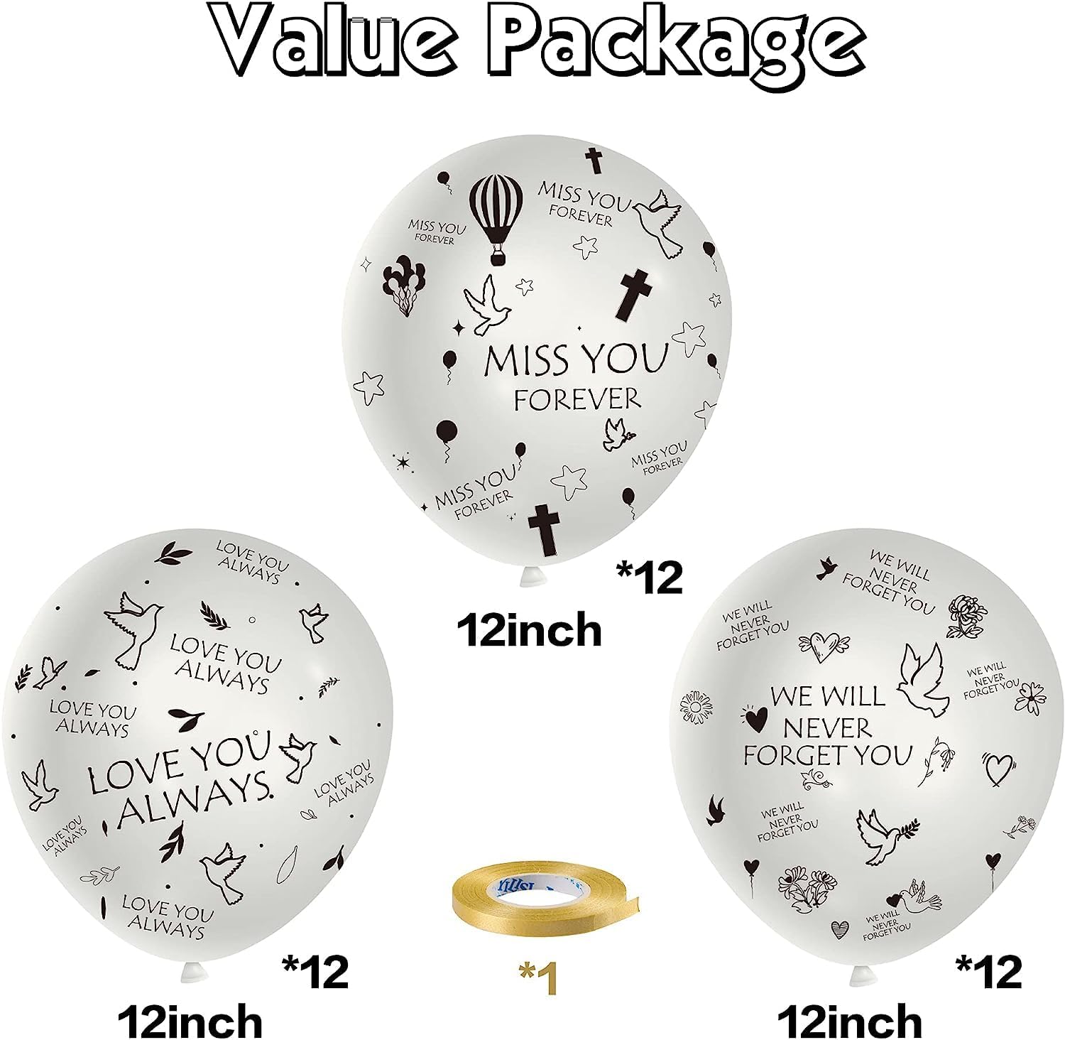 PANTIDE Juego de 37 globos conmemorativos de color blanco, recuerdo funerario, celebración de la vida, globos de látex biodegradables con cinta Miss