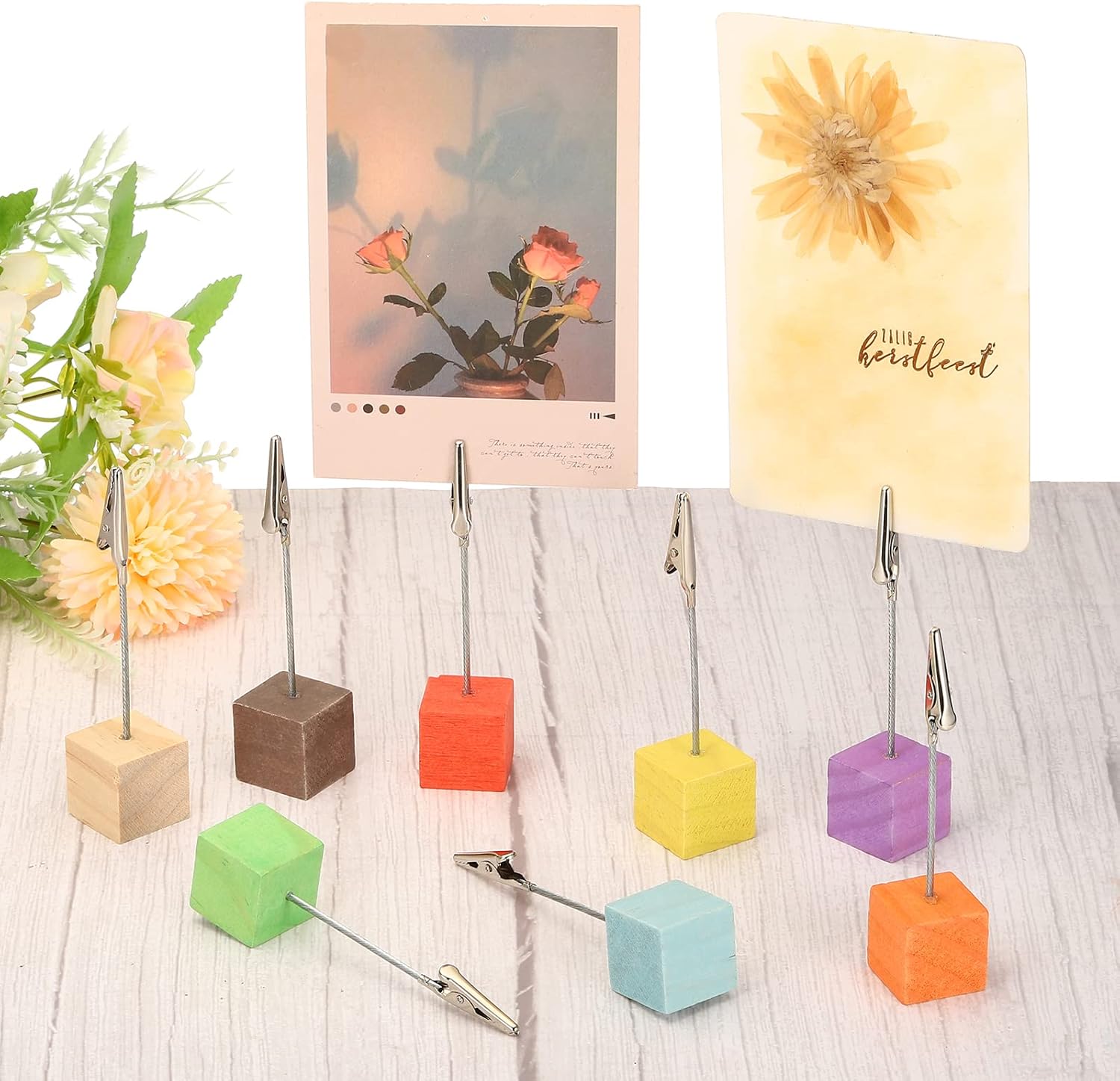 PATIKIL Soporte para tarjetas de lugar, paquete de 5 soportes con clip para notas con cierre de cocodrilo, base de madera para fotos, papel de