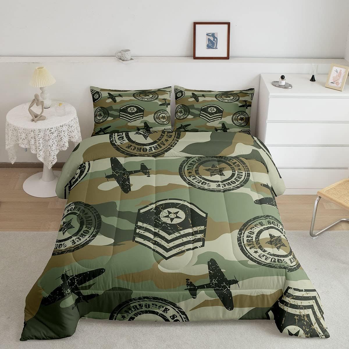 Juego de edredón de camuflaje de avión para niños, juego de ropa de cama con decoración de avión de camuflaje para adolescentes y niños, edredón de