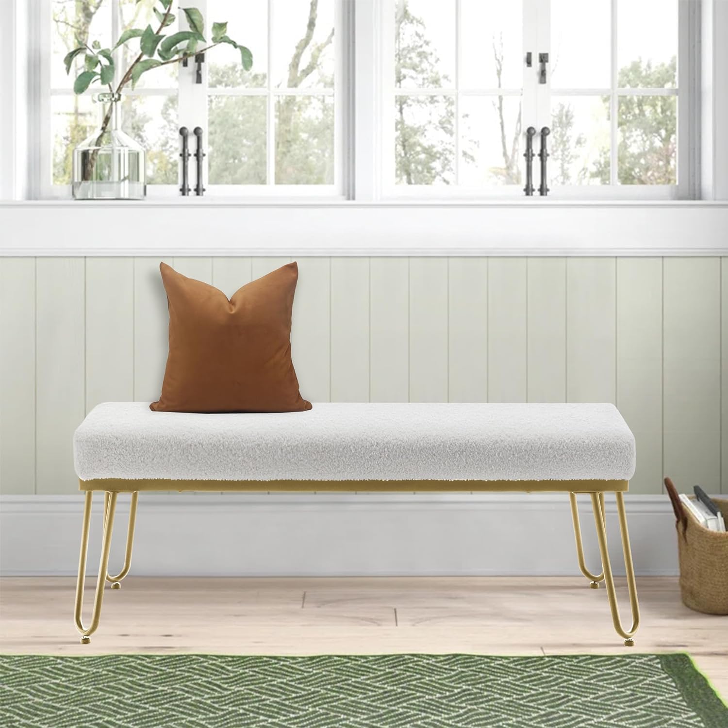 Alunaune Banco de cama de piel de peluche blanco para dormitorio, banco otomano, banco de entrada moderno tapizado, taburete decorativo esponjoso