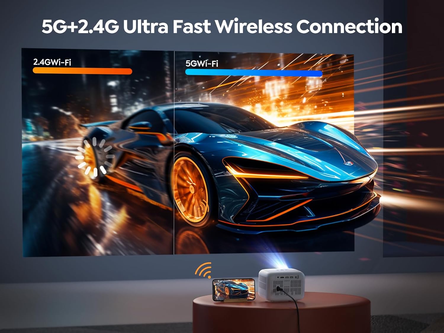 Enfoque eléctrico Mini proyector con WiFi 5G y Bluetooth 5.2, YABER 18000 lúmenes 1080P proyector para exteriores compatible con corrección