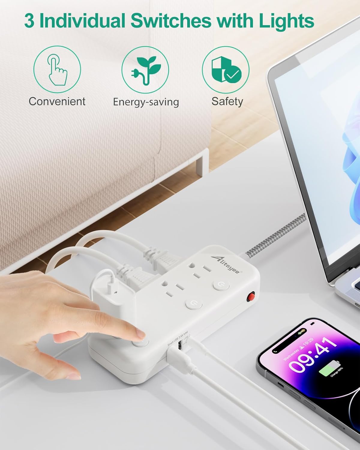 Regleta de alimentación de interruptor individual con 6 tomacorrientes, 3 USB (17 W USB C), cable trenzado de 5 pies, enchufe plano ultrafino, cable