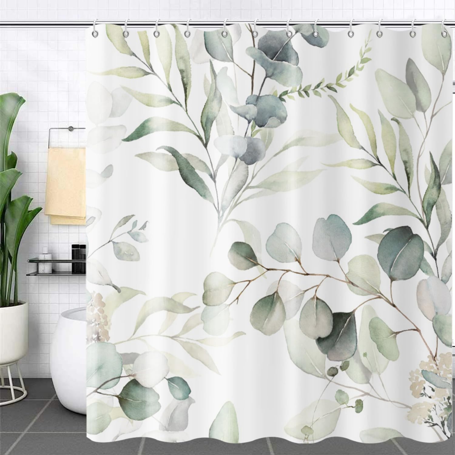 GCIREC Cortinas de ducha de hojas de eucalipto, color verde salvia, plantas de acuarela botánica, cortinas de baño, bañera, decoración del hogar,