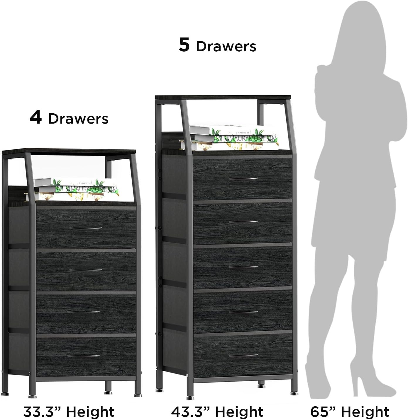 Cómoda negra para dormitorio, organizador de almacenamiento con 5 cajones, torre de almacenamiento vertical de tela, unidades de armario de ropa