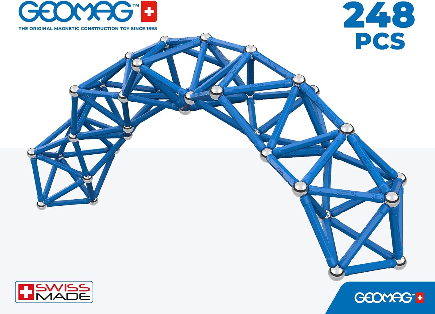 Geomag Juego de 248 varillas magnéticas hechas en Suiza (144 varillas y 104 esferas), construye estructuras mágicas 3D, castillos, cohetes, STEM,