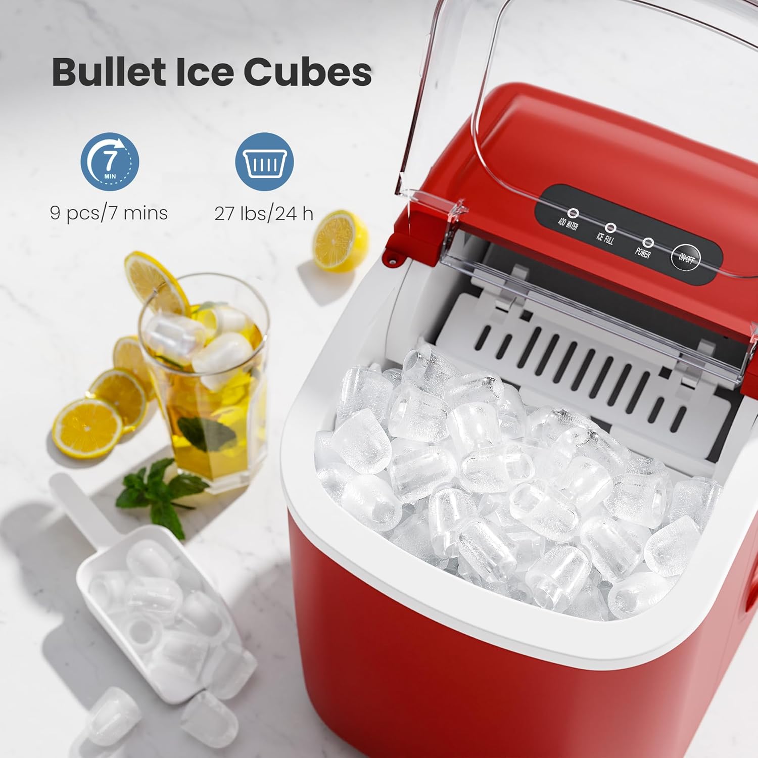 Máquina portátil de hielo para encimera con asa, 9 cubitos de hielo en forma de bala listos en 6 minutos, 26 libras24 horas, función de autolimpieza