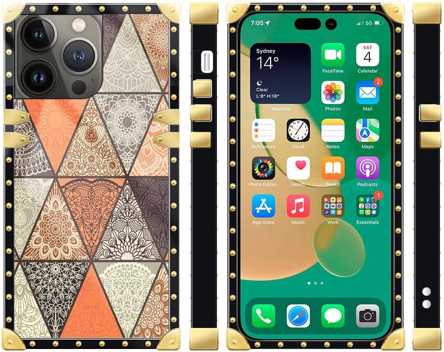 Funda cuadrada compatible con iPhone 14 Pro Max (6.7 pulgadas), diseño retro de mandala dorado, de lujo, suave TPU duro, parte trasera de