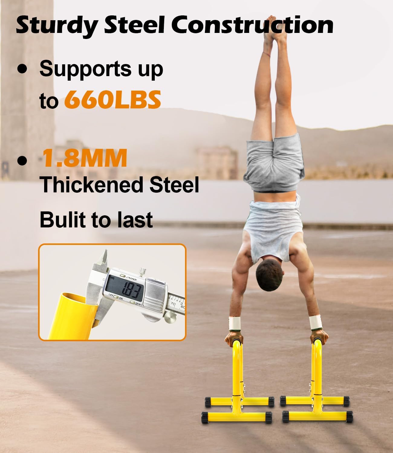 Push Up Bar, 14” High Steel Parallettes & Dip Bar with Full Coverage Foam Handle, Heavy-Duty Calisthenics Parallel Bars for L-Sit, Dips, Home Gym