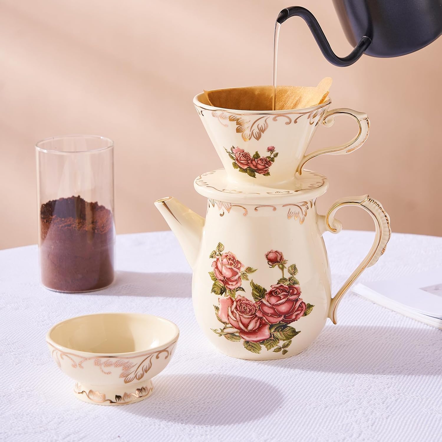 YOLIFE Floarl – Juego de gotero de café, cafetera de cerámica con diseño de cono, 1 taza, regalo para mujeres (rosa)