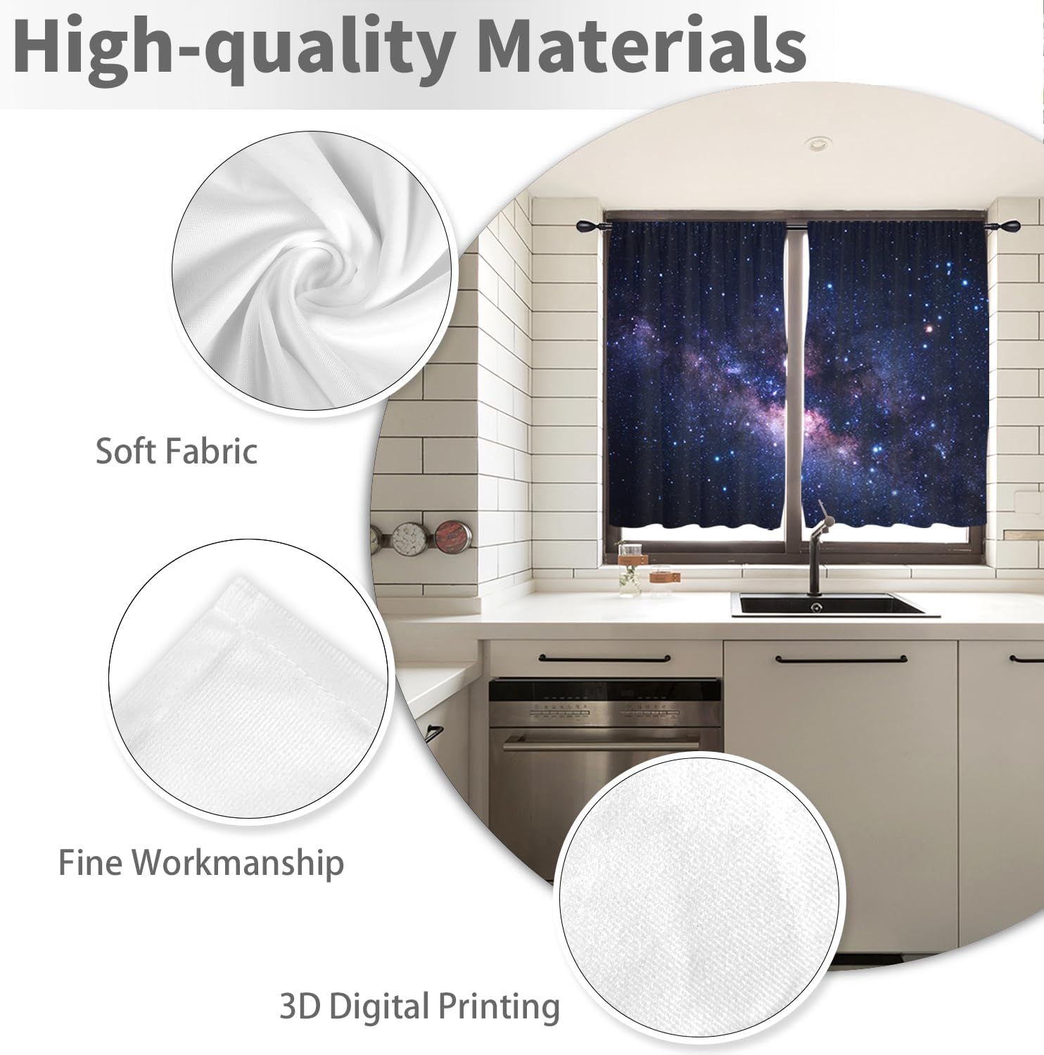 Cortinas de cocina con diseño de galaxia de 27.5 pulgadas de ancho x 39 pulgadas de largo, pequeñas noches estrelladas, espacio exterior, universo