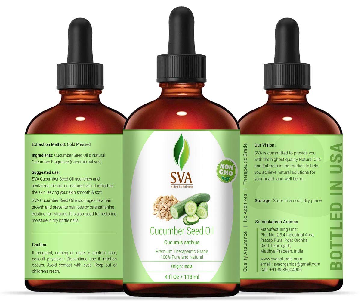 SVA ORGANICS Aceite portador de semillas de pepino con agradable aroma a pepino, fragancia natural, 4.0 fl oz (4 onzas líquidas), natural para piel