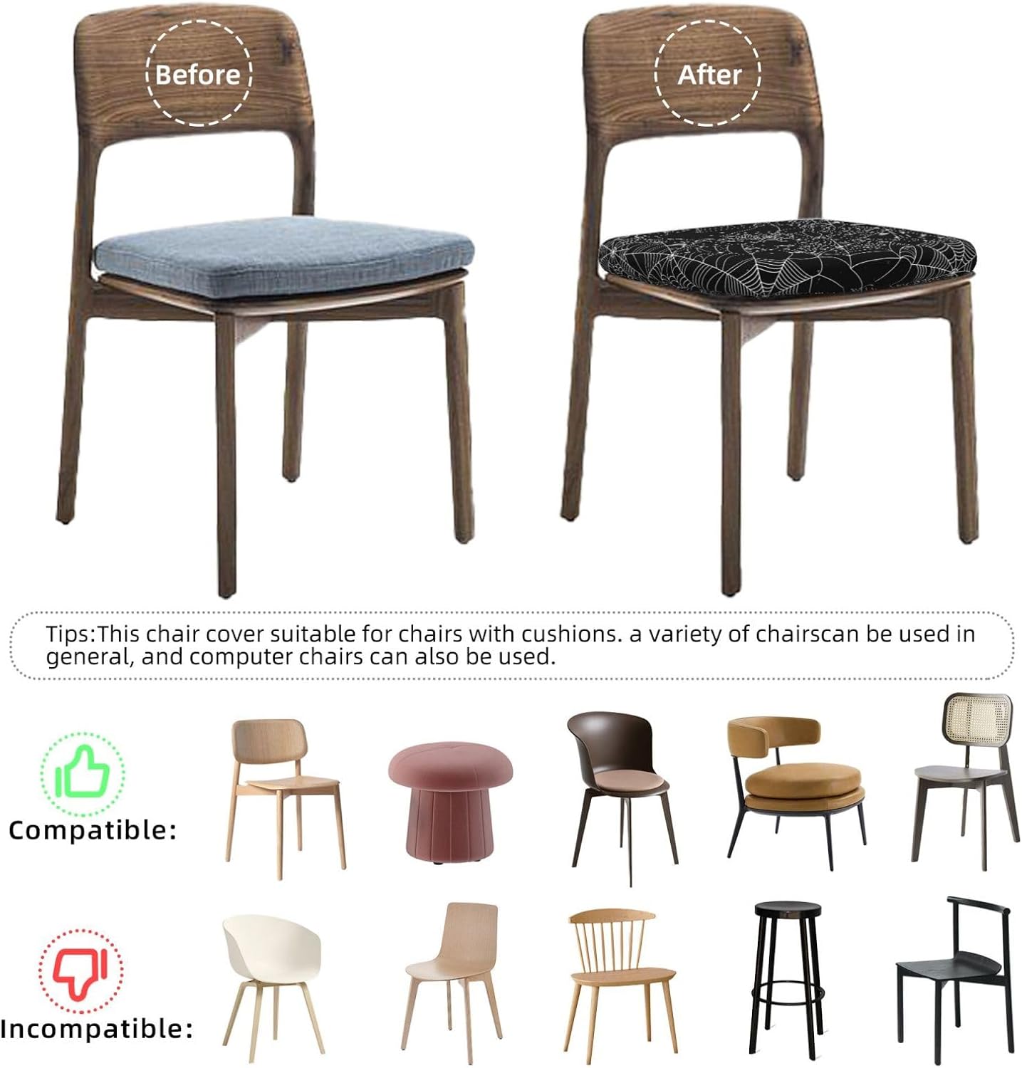 Juego de 4 fundas de asiento para sillas de comedor, fundas elásticas de tela de araña de Halloween, fundas de cojín para cocina, oficina