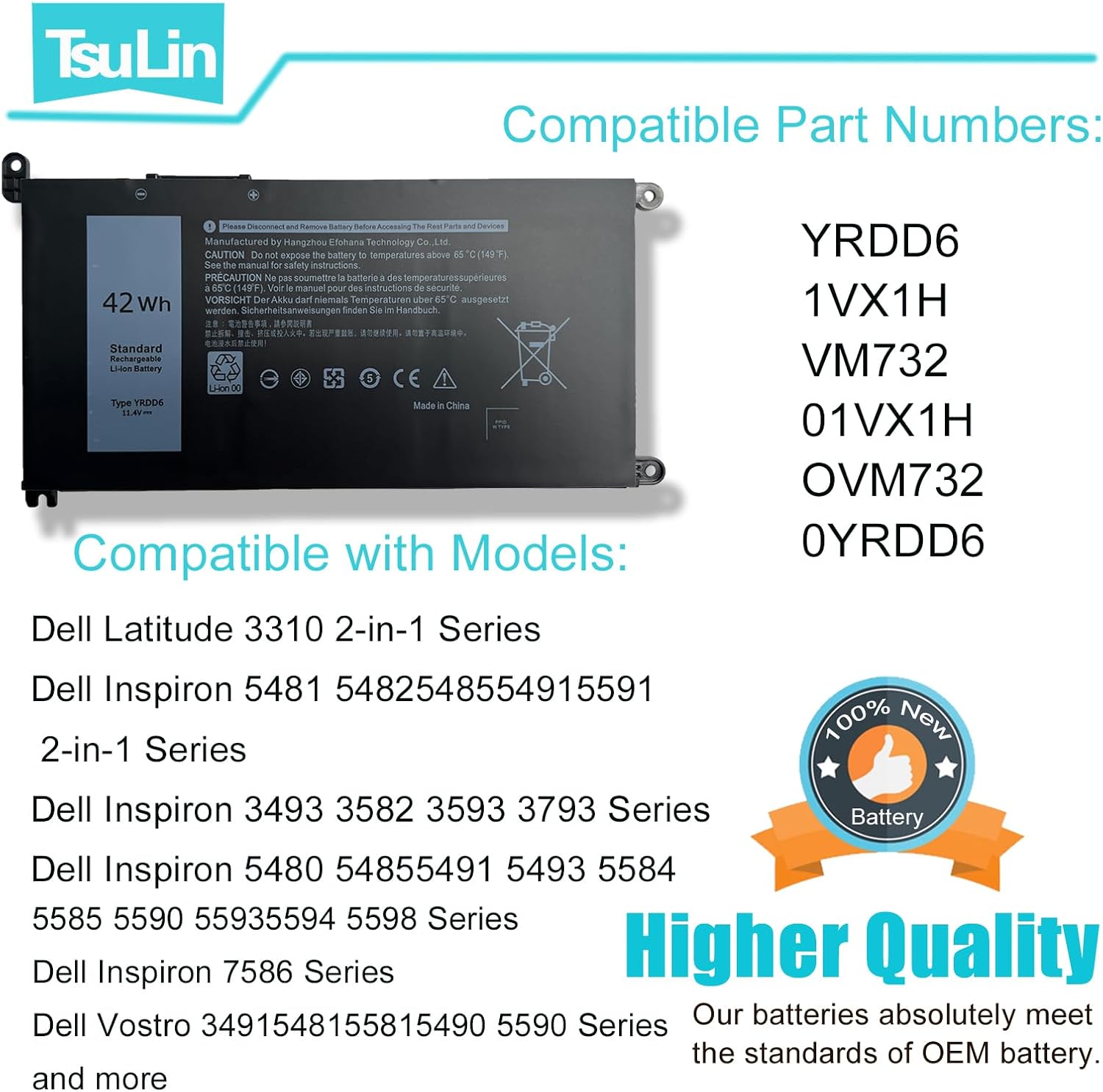 Batería YRDD6 1VX1H de 42 Wh para Dell Inspiron 7586 5482 5485 5491 5591 3310 2 en 1 5593 5591 5480 3493 3582 3583 3584 3593 3593 3584 3593 3 793 5